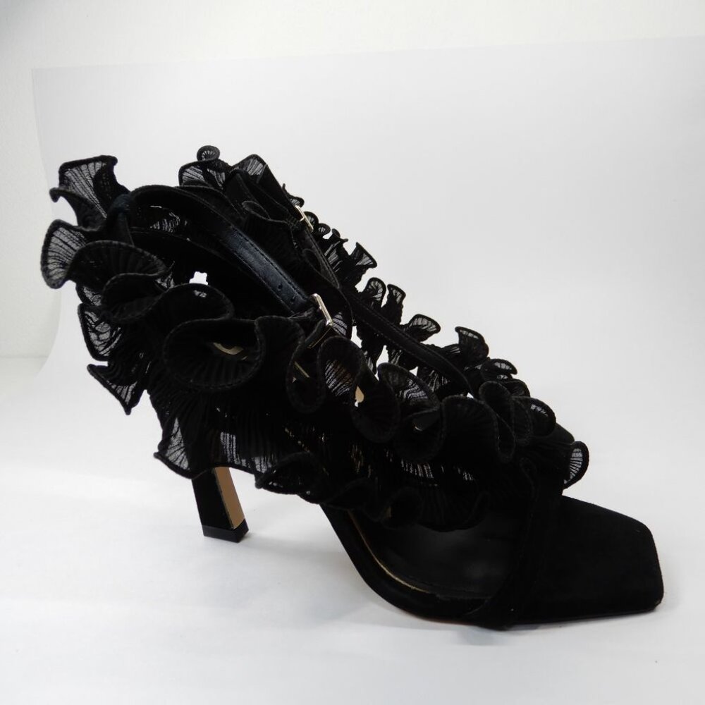 Gianni Bini Franz Sandals High Heels Size 6 Black Suede Chiffon Ruffle NEW - Picture 11 of 15